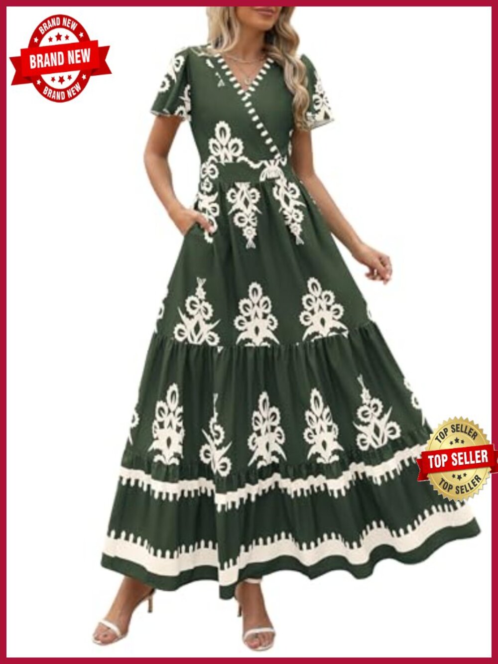 Boho Floral Maxi Dress for Women V-Neck Flutter Sleeve A-Line Tiered Pockets